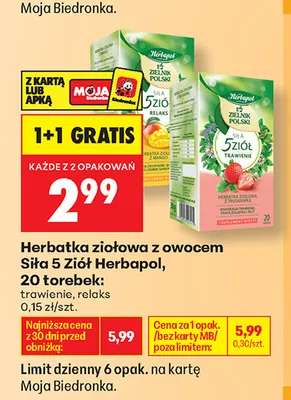 Herbatka ziołowa z owocem Siła 5 Ziół Herbapol Relaks promocja w Biedronka