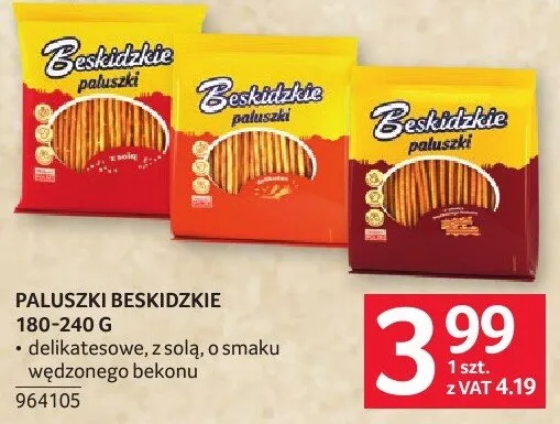 Paluszki Beskidzkie 180-240g delikatesowe, z solą, o smaku wędzonego bekonu promocja w Selgros