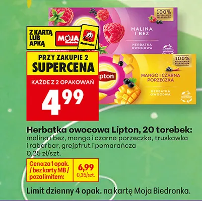 Herbatka owocowa Lipton malina i bez promocja w Biedronka