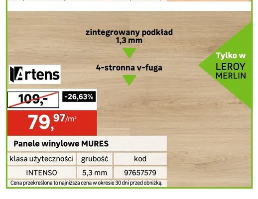 Panele winylowe Artens MURES zintegrowany podkład 1,3mm 4-stronna v-fuga INTENSO 5,3mm promocja w Leroy Merlin