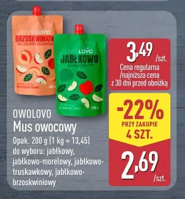 Mus owocowy jabłkowo-truskawkowy Owolovo promocja w Aldi