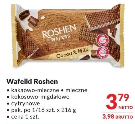 Wafelki Roshen kakaowo-mleczne kokosowo-migdałowe cytrynowe promocja w Makro