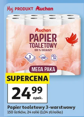 Papier toaletowy Auchan 3-warstwowy 150 listków 24 rolki promocja w Auchan