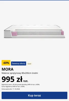 Materac sprężynowy Mora 80x200 cm średni promocja w Jysk