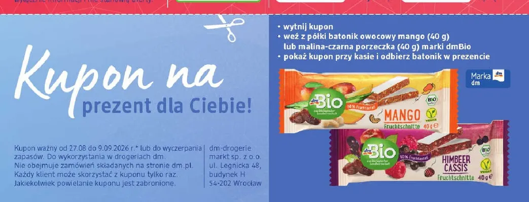 Batonik owocowy malina-czarna porzeczka dmBio promocja w Drogerie DM