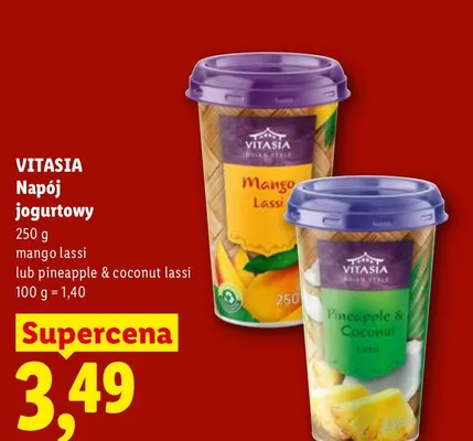 Napój jogurtowy pineapple & coconut lassi Vitasia promocja w Lidl