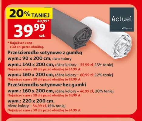 Prześcieradło satynowe bez gumki Actuel 160x200 cm promocja w Auchan
