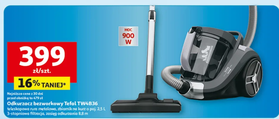 Odkurzacz bezworkowy Tefal TW4B36 promocja w Auchan
