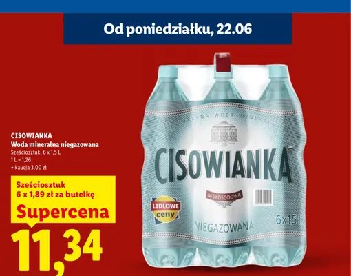 Woda mineralna niegazowana Cisowianka 6-pak promocja w Lidl