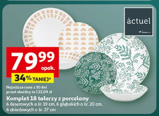 Komplet 18 talerzy z porcelany 6 deserowych o śr. 19cm, 6 płaskich o śr. 20cm, 6 obiadowych o śr. 27cm promocja w Auchan