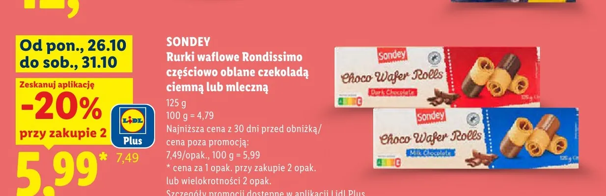Rurki waflowe Rondissimo częściowo oblane czekoladą mleczną Sondey promocja w Lidl