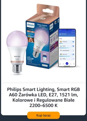 Philips Smart Lighting Smart RGB A60 żarówka LED E27 1521lm kolorowe i regulowane białe 2200-6500K promocja w Amazon