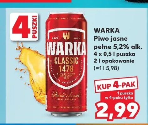 Piwo Warka jasne pełne 4-pak 500 ml promocja w Kaufland