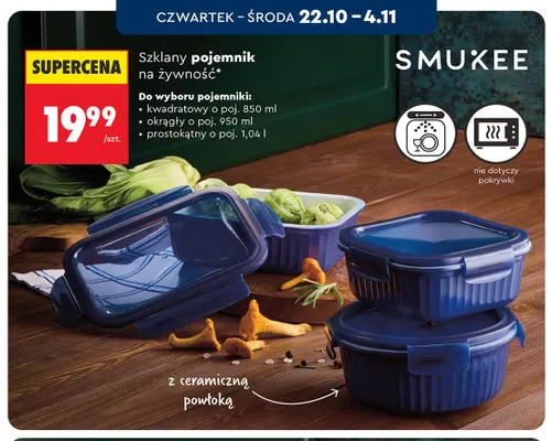Szklany pojemnik na żywność okrągły o poj. 950 ml Smukee promocja w Biedronka