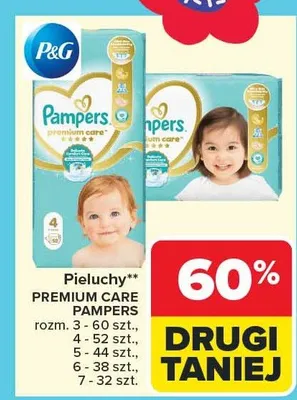 Pieluchy Premium Care Pampers rozm. 3-60 szt., 4-52 szt., 5-44 szt., 6-38 szt., 7-32 szt. promocja w Carrefour Market