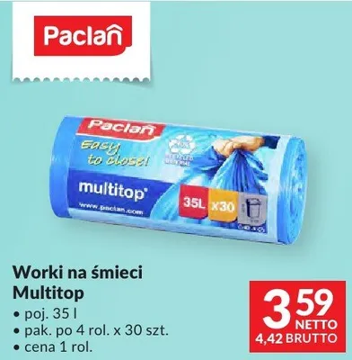 Worki na śmieci Multitop poj. 35 l pak. po 4 rol. x 30 szt. promocja w Makro