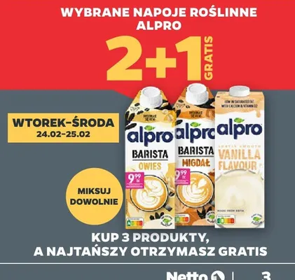 Wybrane napoje roślinne Alpro 2+1 promocja w Netto