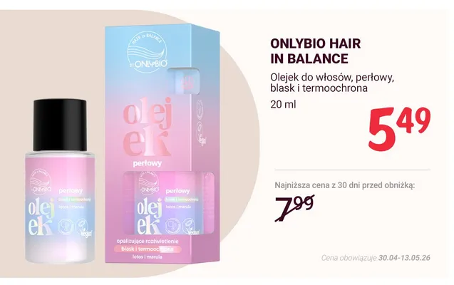 Olejek do włosów perłowy blask i termoochrona ONLYBIO HAIR IN BALANCE promocja w Rossmann