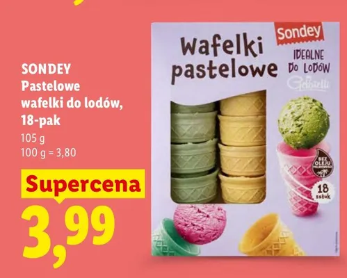Wafelki pastelowe do lodów Sondey 18-pak promocja w Lidl