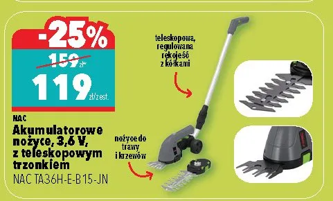 Akumulatorowe nożyce, 3.6 V, z teleskopowym trzonkiem NAC TA-36H-E-B-15-JN promocja w Biedronka Home