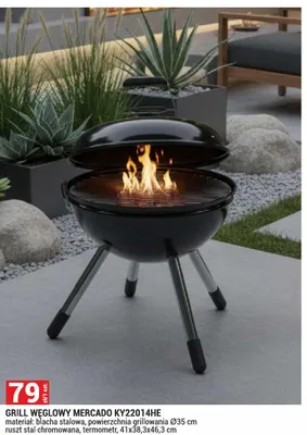 Grill węglowy Mercado KY22014HE materiał: blacha stalowa powierzchnia grillowania Ø35cm ruszt stal chromowana termometr 41x38,3x46,3cm promocja w Merkury Market