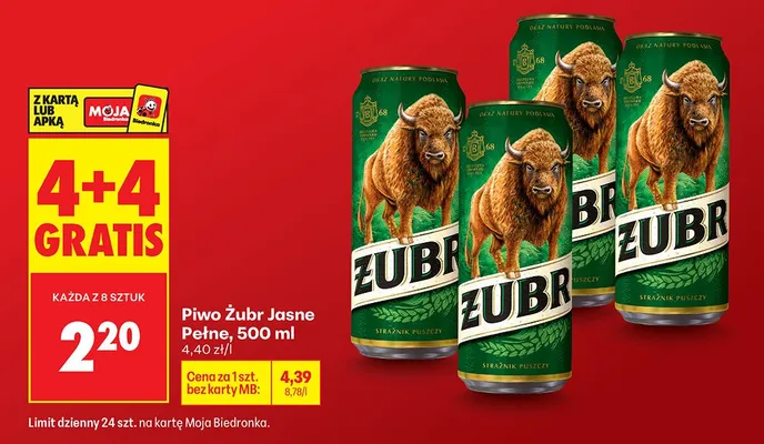 Piwo Żubr jasne pełne 4+4 GRATIS promocja w Biedronka