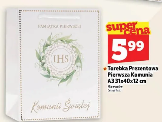 Torebka Prezentowa Pierwsza Komunia A3 31x40x12cm promocja w TOPAZ