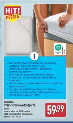 Prześcieradło wodoodporne Novitesse 160x200 cm promocja w Aldi