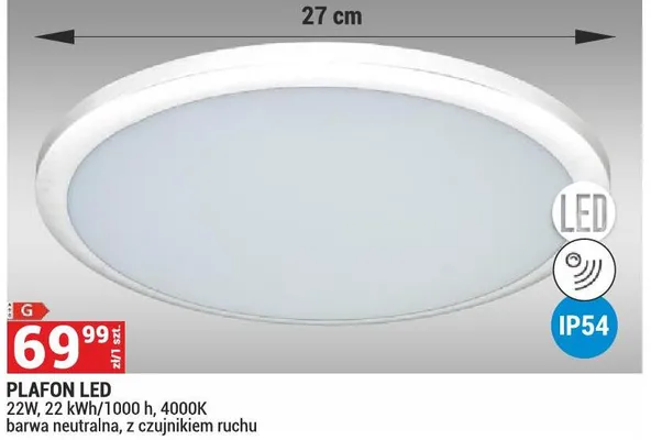 Plafon LED 27cm, 22W, 22kWh/1000h, 4000K barwa neutralna, z czujnikiem ruchu promocja w Merkury Market