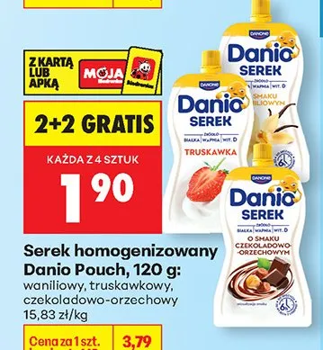 Serek homogenizowany Pouch, waniliowy, truskawkowy, czekoladowo-orzechowy promocja w Biedronka