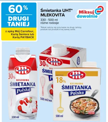 Śmietanka UHT deserowa 30% Polska Mlekovita promocja w Carrefour