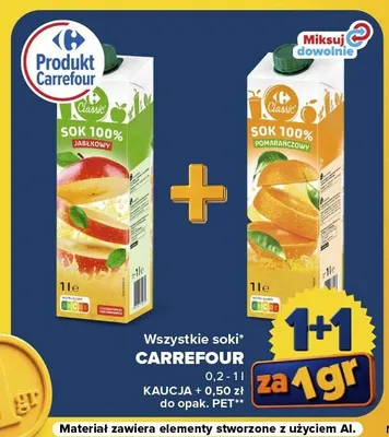 Sok 100% jabłkowy Carrefour Classic promocja w Carrefour