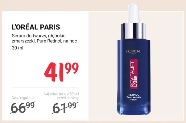 Serum do twarzy głębokie zmarszczki Pure Retinol na noc L'Oréal Paris promocja w Rossmann