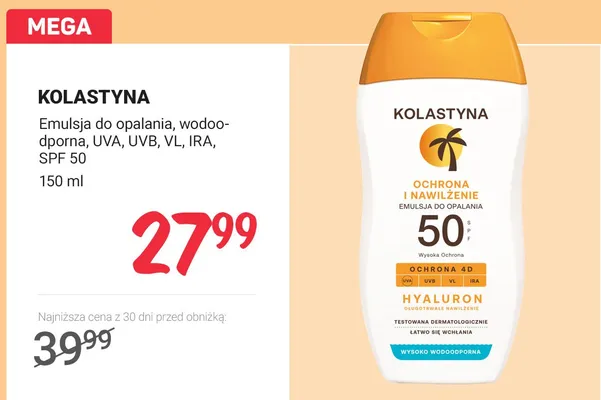 Emulsja do opalania Kolastyna wodoodporna UVA UVB VL IRA SPF 50 promocja w Rossmann