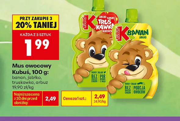 Mus owocowy Kubuś truskawka promocja w Biedronka