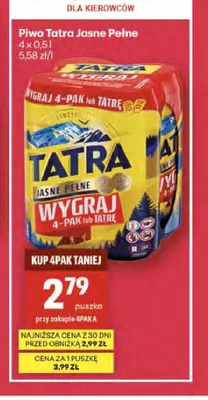 Piwo Tatra Jasne Pełne 4-pak 0,5l promocja w Delikatesy Centrum