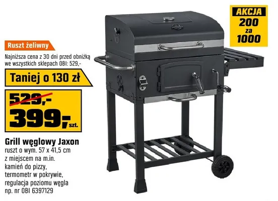 Grill węglowy Jaxon ruszt o wym. 57x41,5cm z miejscem na pizzę, termometr w pokrywie, regulacja poziomu węgla nr OBI 6397129 promocja w OBI