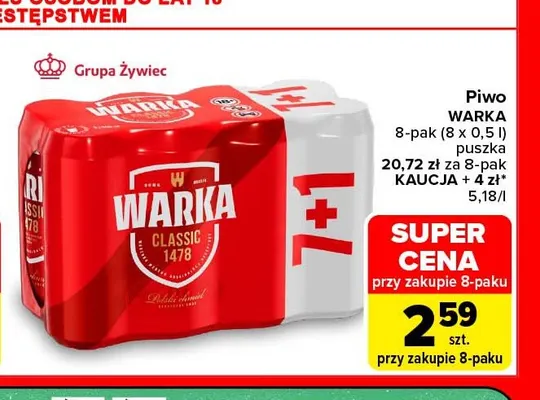 Piwo Warka 8-pak 0,5 l promocja w Carrefour Market