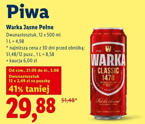 Piwo Warka Jasne Pełne 12-pak 500ml promocja w Lidl