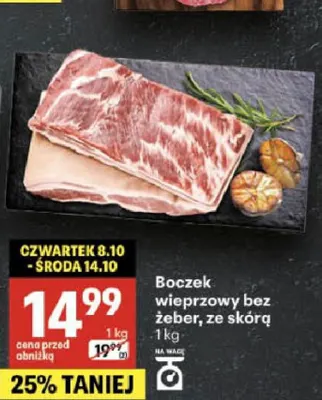 Boczek wieprzowy bez żeber ze skórą promocja w Delikatesy Centrum