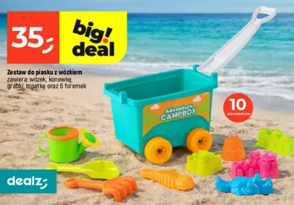 Zestaw do piasku z wózkiem zawiera: wózek, konewkę, grabki, łopatkę oraz 6 foremek promocja w Dealz