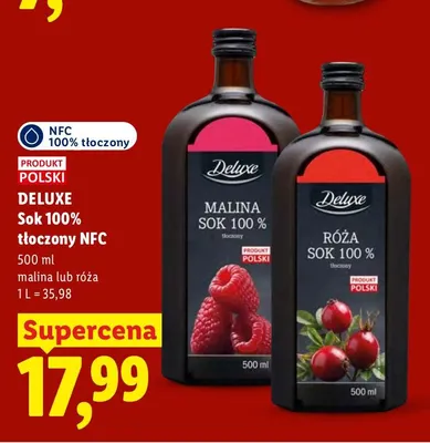 Sok tłoczony NFC malina Deluxe 100% promocja w Lidl