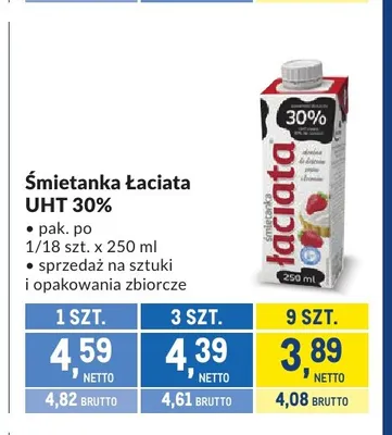 Śmietanka Łaciata UHT 30% promocja w Makro