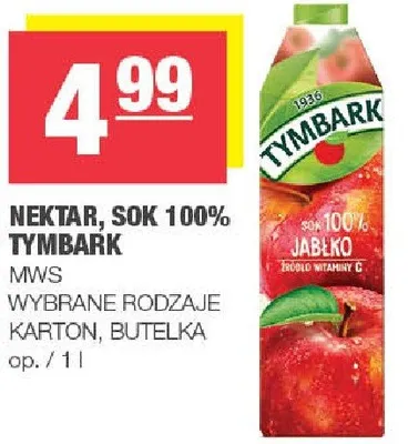 Nektar, sok 100% tymbarek wybrane rodzaje karton, butelka promocja w SPAR