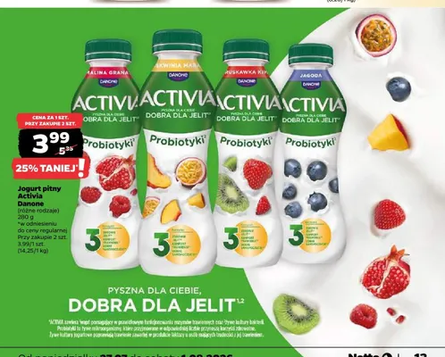 Jogurt pitny Activia Truskawka Kiwi Danone promocja w Netto