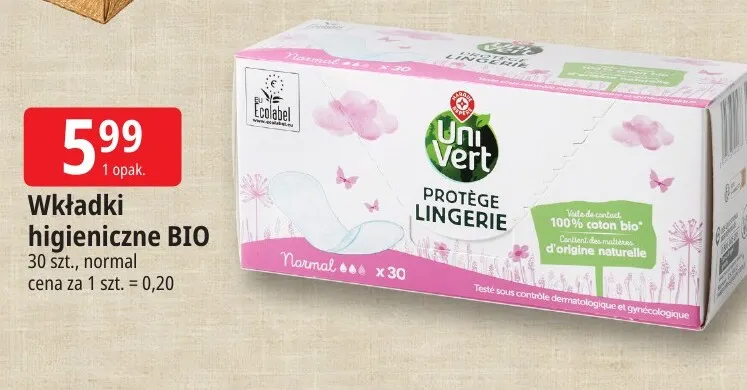 Wkładki higieniczne normal Uni Vert promocja w Leclerc