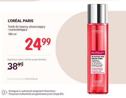 Tonik do twarzy złuszczający i rozświetlający L'Oréal Paris promocja w Rossmann