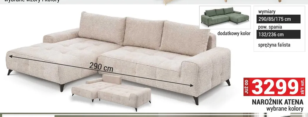 Narożnik Atena 290/85/175cm pow. spania 132/236cm sprężyna falista promocja w Merkury Market