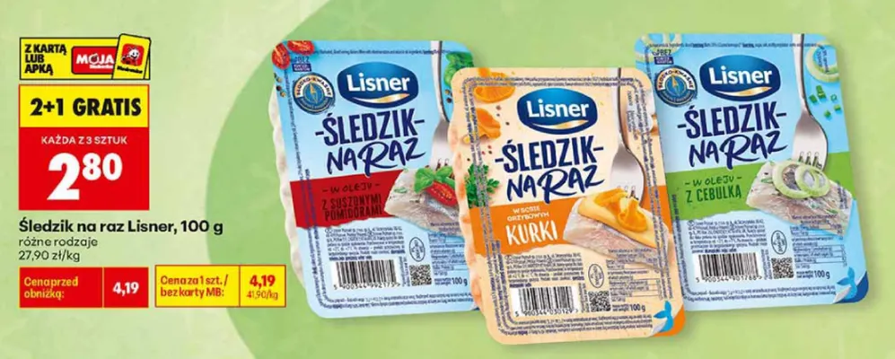 Śledzik na raz w oleju z cebulką Lisner promocja w Biedronka