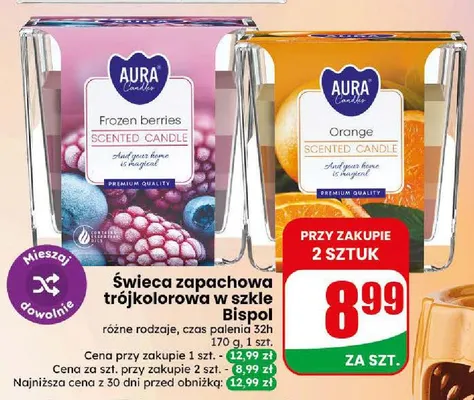 Świeca zapachowa trójkolorowa w szkle Bispol promocja w Dino